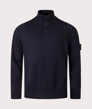 Stone Island Button Neck Reverse Stitch Jumper in Navy Blue at EQVVS Menswear. Front shot.