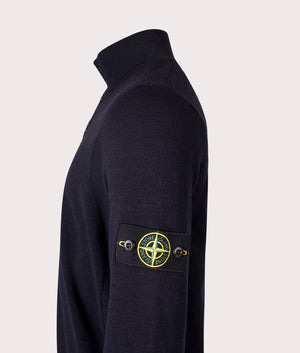 Stone Island Button Neck Reverse Stitch Jumper in Navy Blue at EQVVS Menswear. Side detail shot.