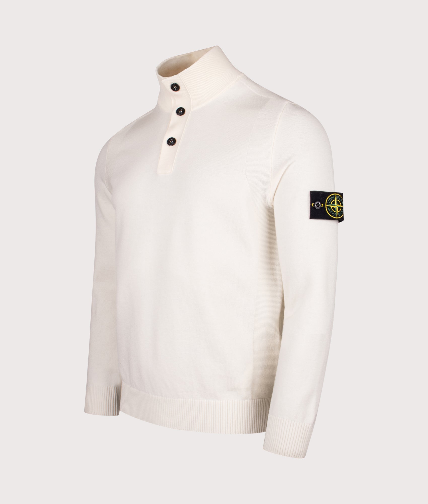 Button Neck Reverse Stitch Jumper in Ivory . Wool blend | Stone Island | Shot at EQVVS | Front angle shot 