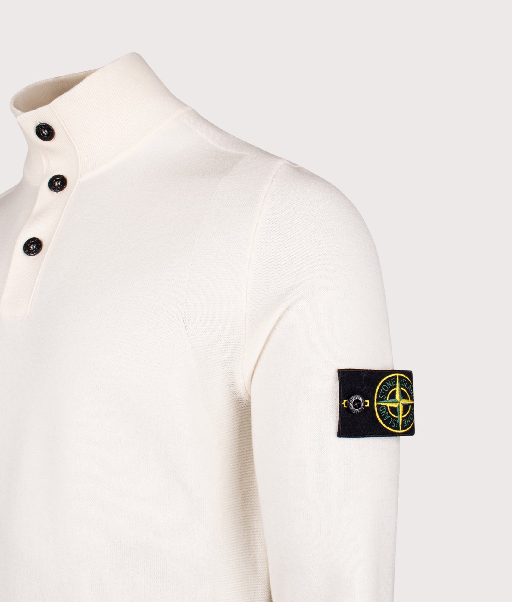 Button Neck Reverse Stitch Jumper in Ivory . Wool blend | Stone Island | Shot at EQVVS | Front angle detail shot 