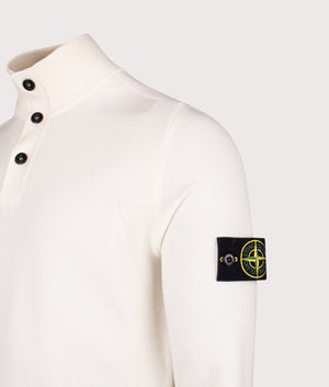 Button Neck Reverse Stitch Jumper in Ivory . Wool blend | Stone Island | Shot at EQVVS | Front angle detail shot 