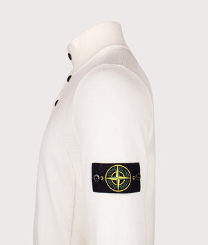 Button Neck Reverse Stitch Jumper in Ivory . Wool blend | Stone Island | Shot at EQVVS | Side detail shot 