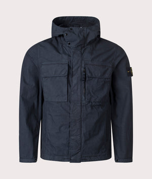 Canvas Weave Hooded Field Jacket in Navy Blue | 100% Cotton | Stone Island | EQVVS | Front shot 