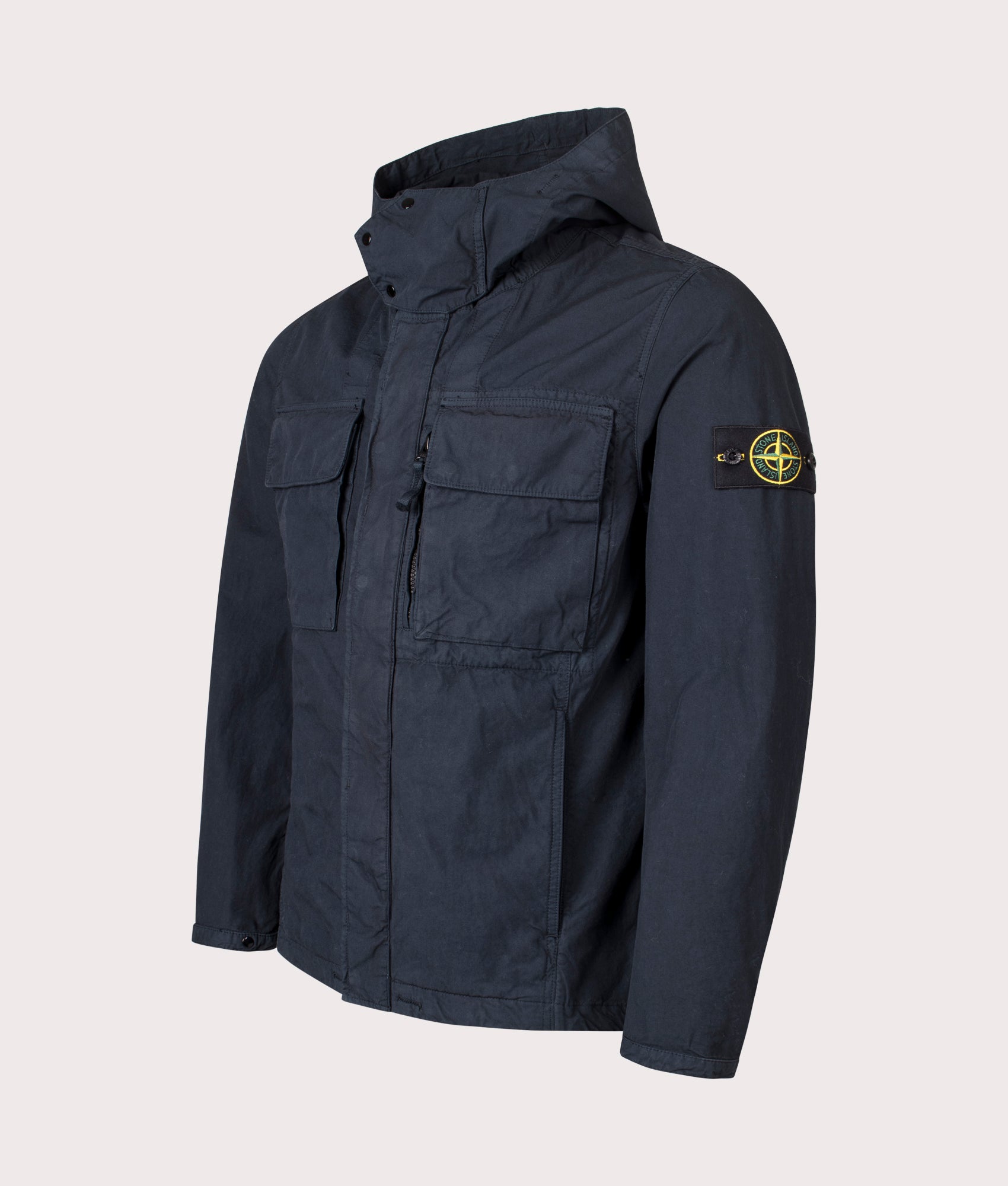 Canvas Weave Hooded Field Jacket in Navy Blue | 100% Cotton | Stone Island | EQVVS | Front angle shot 