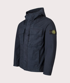 Canvas Weave Hooded Field Jacket in Navy Blue | 100% Cotton | Stone Island | EQVVS | Front angle shot 
