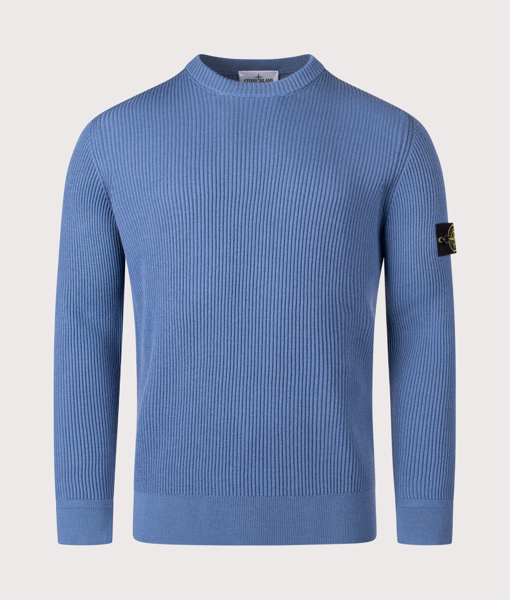 Crew Neck in Steel Blue. 100% Virgin Wool | Stone Island | Shot at EQVVS | Front shot 