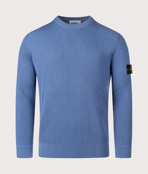 Crew Neck in Steel Blue. 100% Virgin Wool | Stone Island | Shot at EQVVS | Front shot 