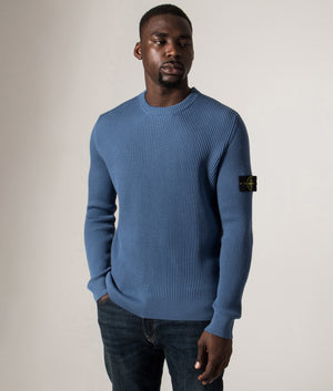 Crew Neck in Steel Blue. 100% Virgin Wool | Stone Island | Shot at EQVVS | Front model shot 