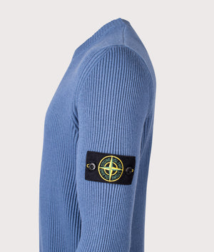 Crew Neck in Steel Blue. 100% Virgin Wool | Stone Island | Shot at EQVVS | Side detail shot