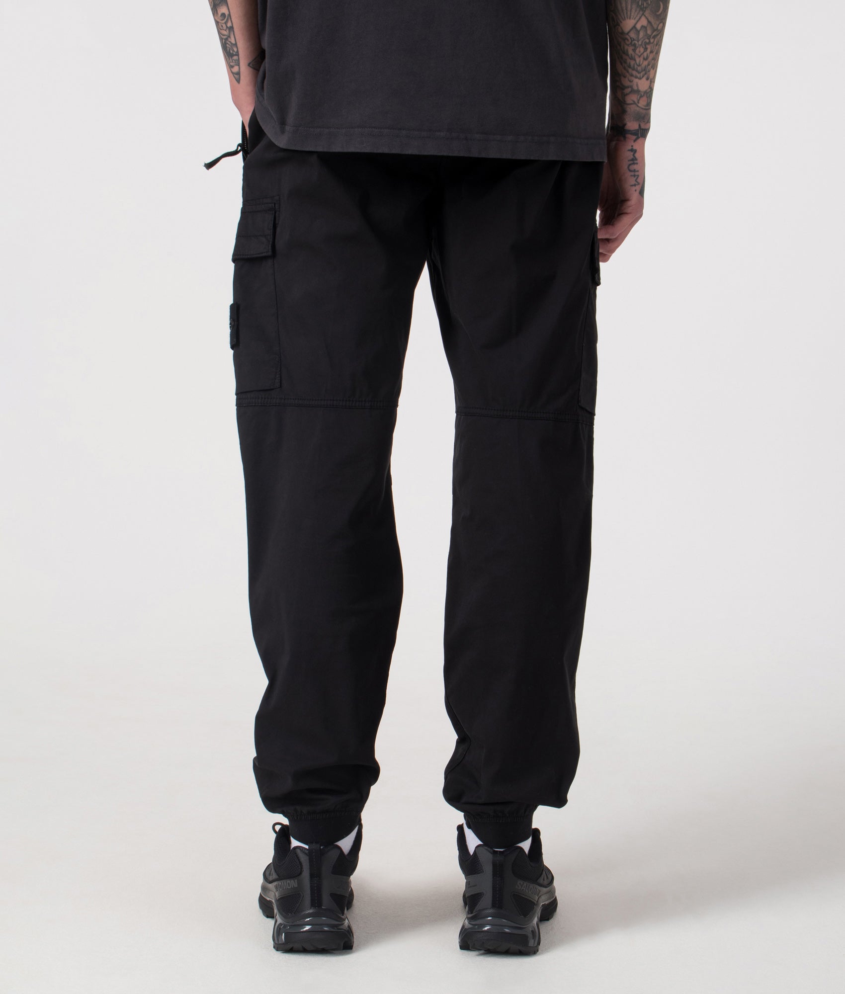 Regular Fit Tapered Cargo Trouser in Black | Cotton | Stone Island | EQVVS | Back shot 