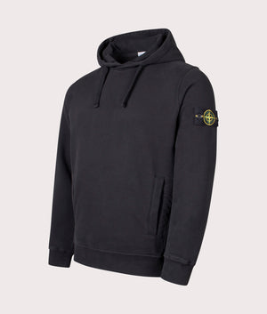 Brushed Organic Cotton Hoodie in Black. 100% Organic Cotton | Stone Island | Shot at EQVVS | Front angle shot 