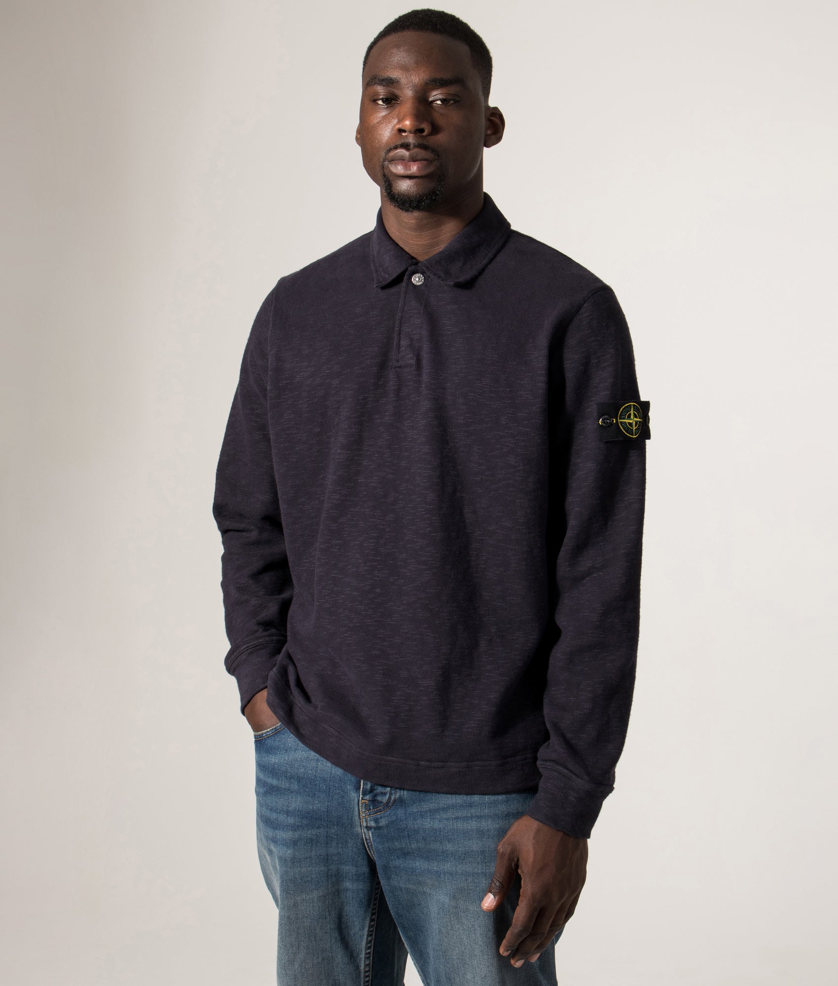 Brushed Cotton Collared Sweatshirt by Stone Island in Ink. Shot by EQVVS. Front angle model shot.