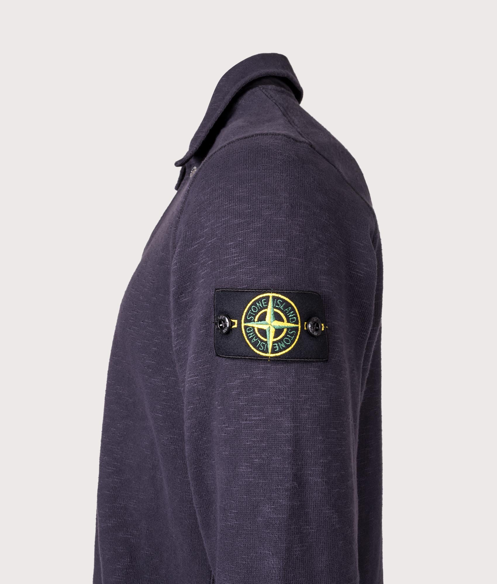 Brushed Cotton Collared Sweatshirt by Stone Island in Ink. Shot by EQVVS. Detail shot.