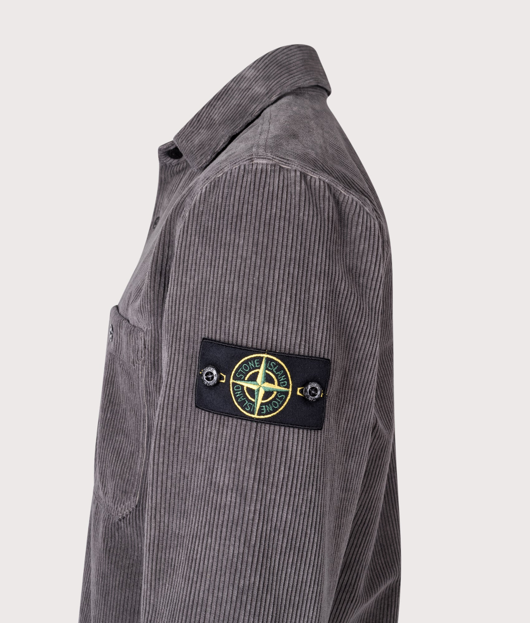 Stone Island Corduroy Overshirt in Cement at EQVVS Menswear. Detail shot.