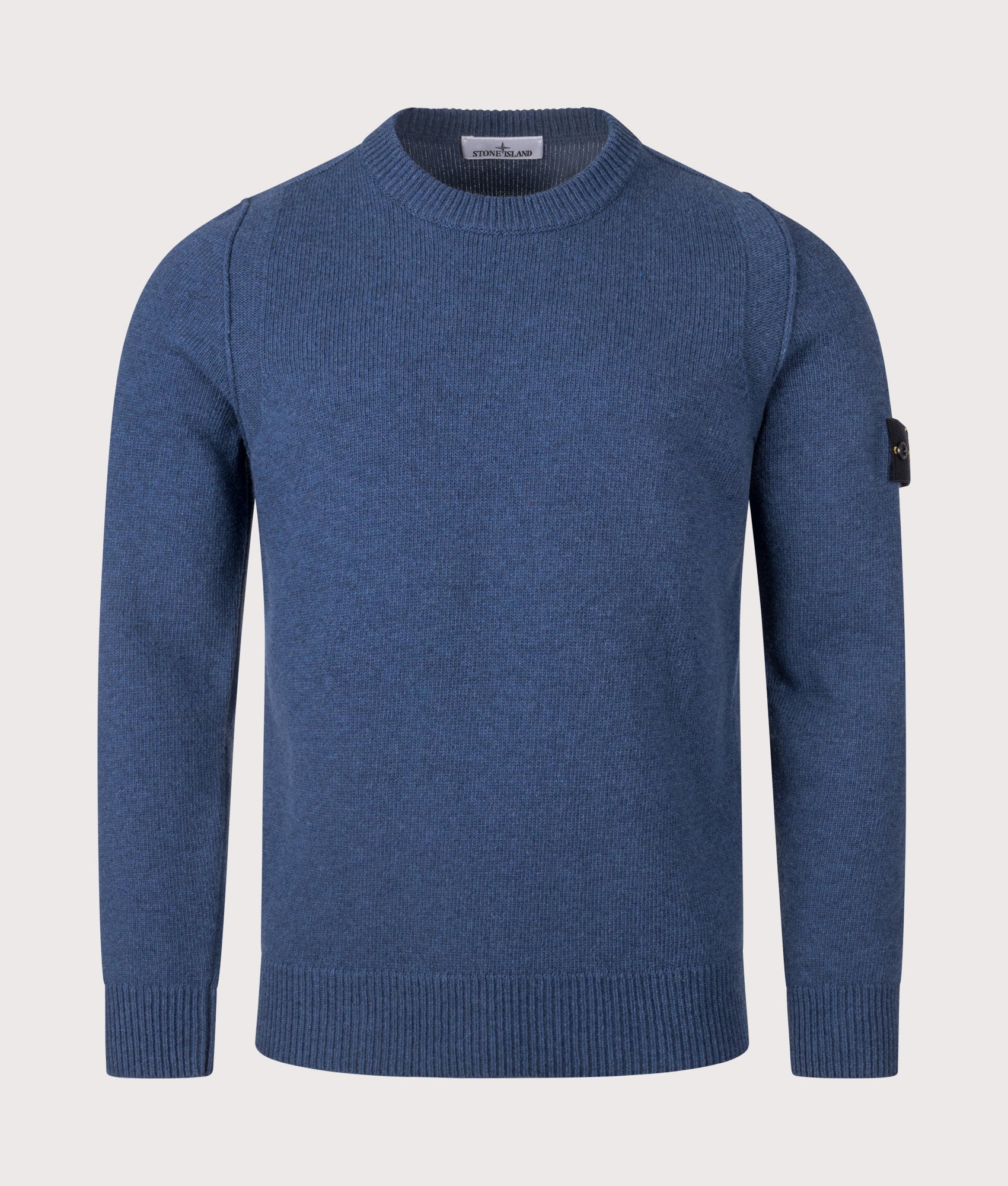 Stone Island Lambswool Crew Neck Jumper in Steel Blue at EQVVS Menswear. Front shot.