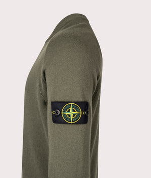 Stone Island Geelong Wool Jumper in Military Green at EQVVS Menswear. Side detail shot.