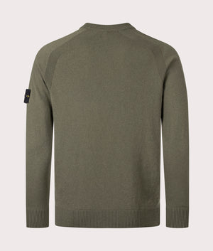 Stone Island Geelong Wool Jumper in Military Green at EQVVS Menswear. Back shot,