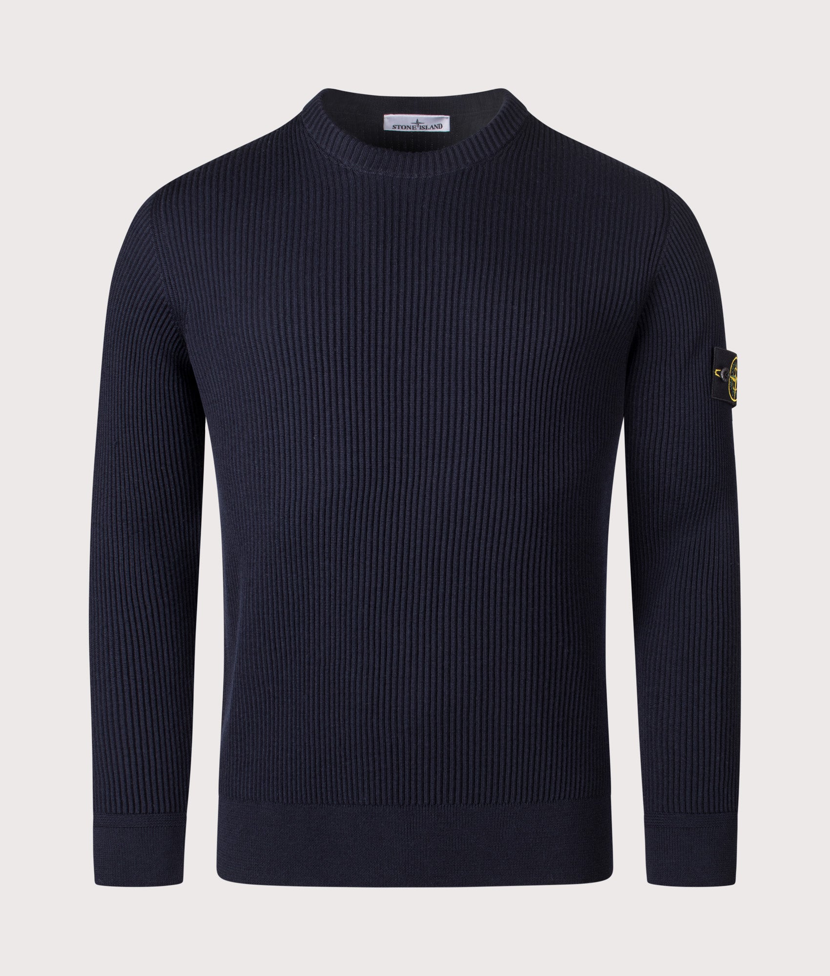 Wool Crew Neck Jumper in Navy Blue. 100% Virgin Wool | Stone Island | Shot at EQVVS | Front shot 