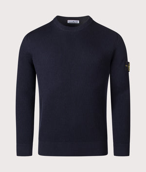 Wool Crew Neck Jumper in Navy Blue. 100% Virgin Wool | Stone Island | Shot at EQVVS | Front shot 