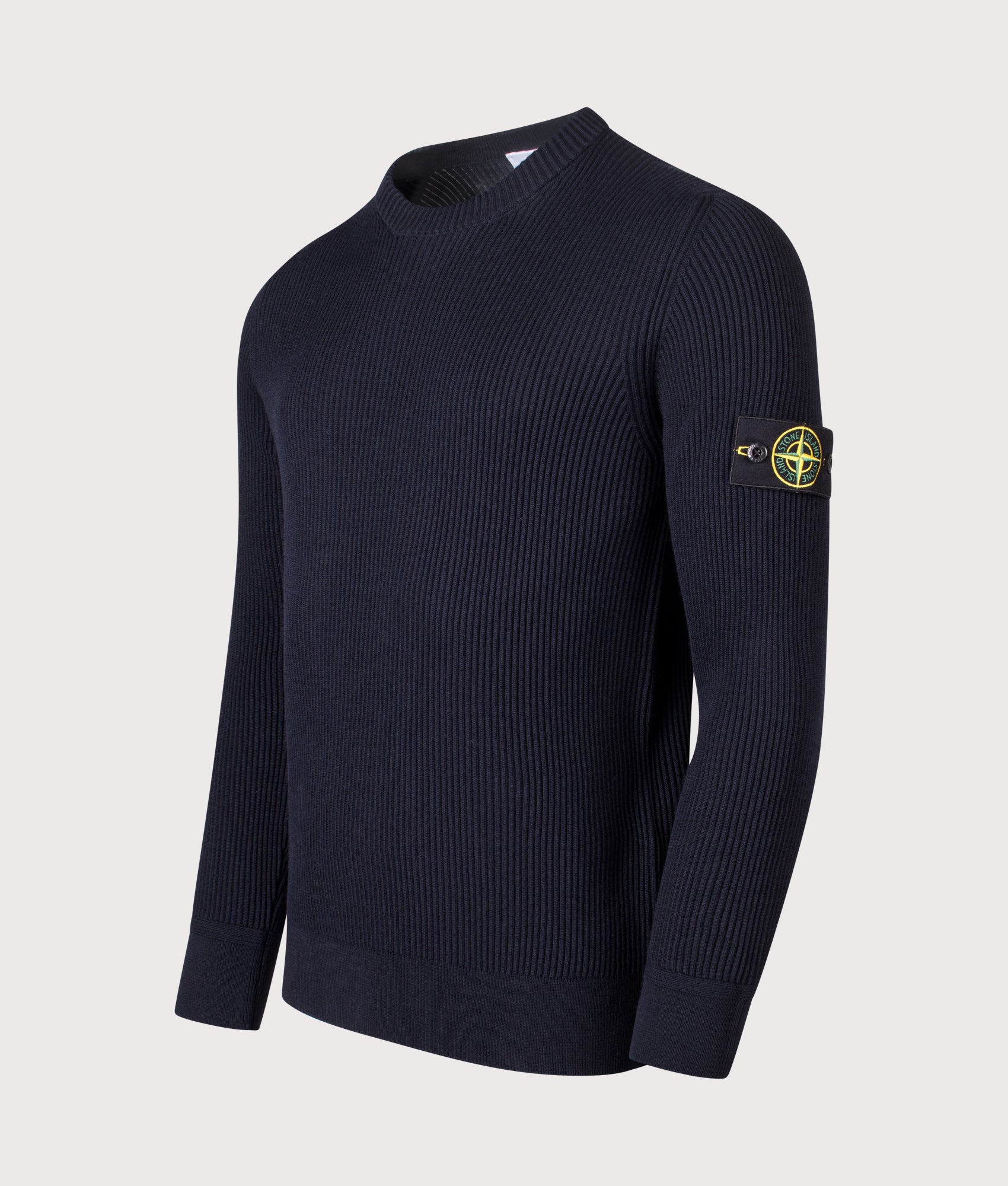 Wool Crew Neck Jumper in Navy Blue. 100% Virgin Wool | Stone Island | Shot at EQVVS | Front angle shot 