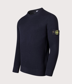 Wool Crew Neck Jumper in Navy Blue. 100% Virgin Wool | Stone Island | Shot at EQVVS | Front angle shot 