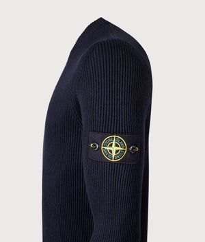 Wool Crew Neck Jumper in Navy Blue. 100% Virgin Wool | Stone Island | Shot at EQVVS | Side detail shot 
