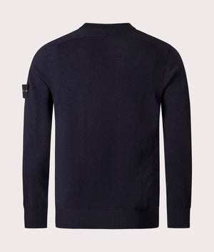 Stone Island Stretch RWS Wool Jumper in Navy Blue at EQVVS Menswear. Back shot.
