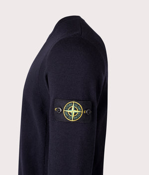 Stone Island Stretch RWS Wool Jumper in Navy Blue at EQVVS Menswear. Side detail shot.