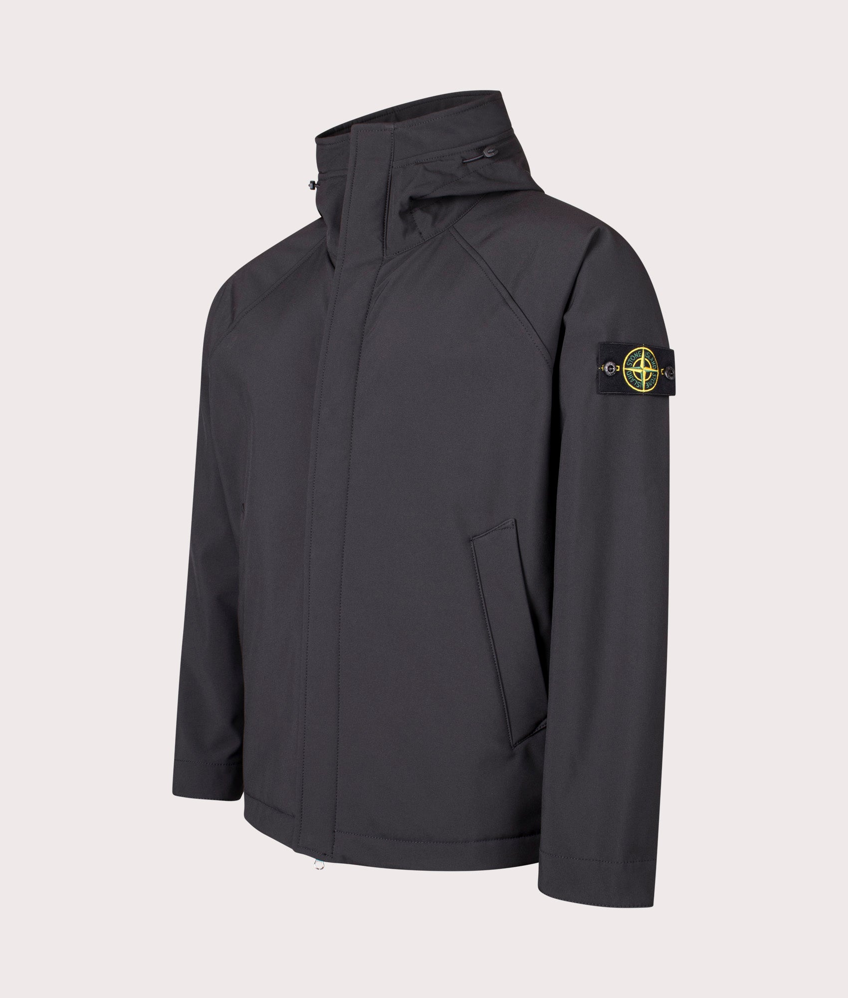 Hooded Soft Shell Jacket  in Black. | Stone Island | Shot at EQVVS | Front angle shot 