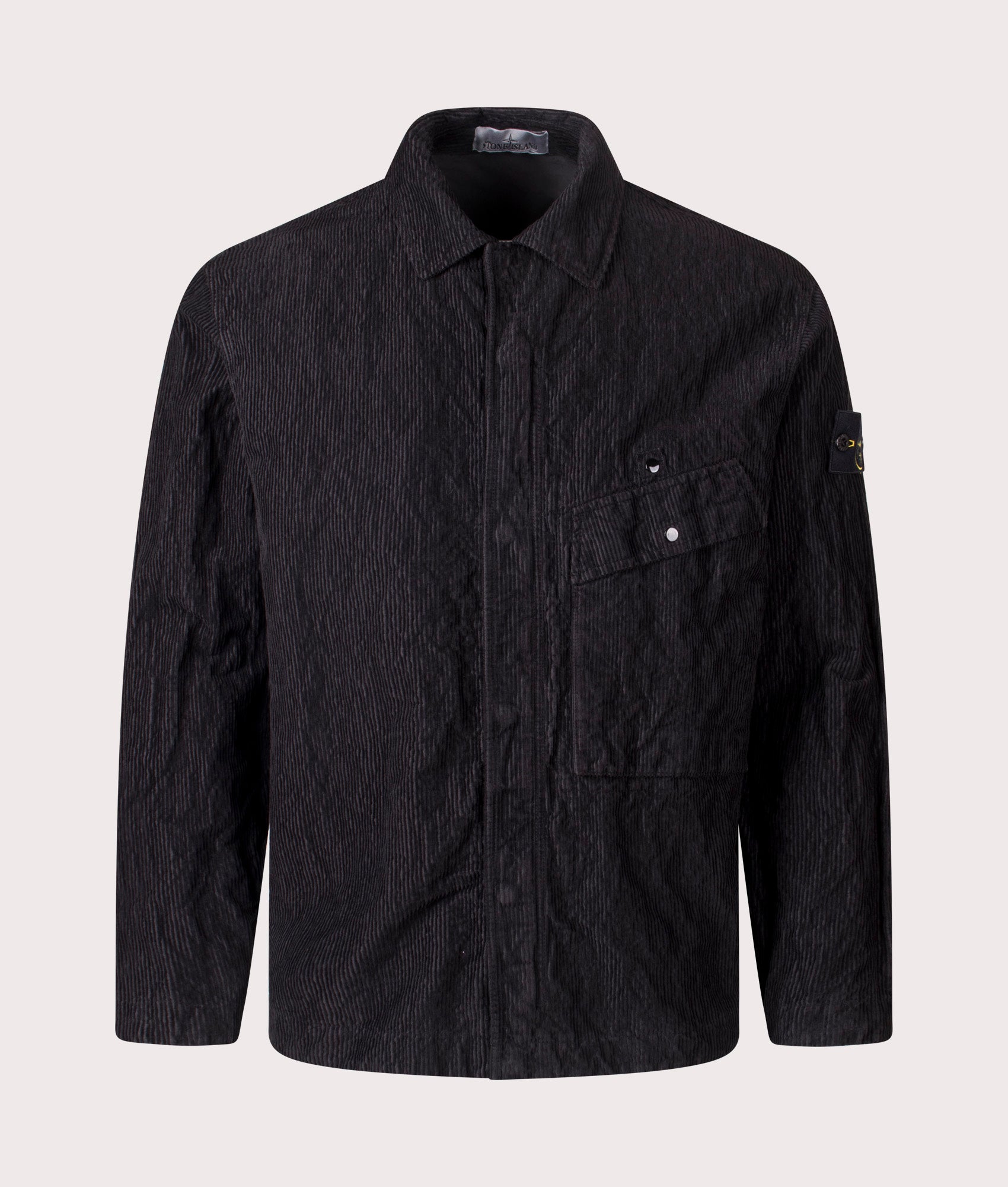 Stone Island Wrinkled Corduroy 500-TC Overshirt in Black at EQVVS Menswear. Front shot.