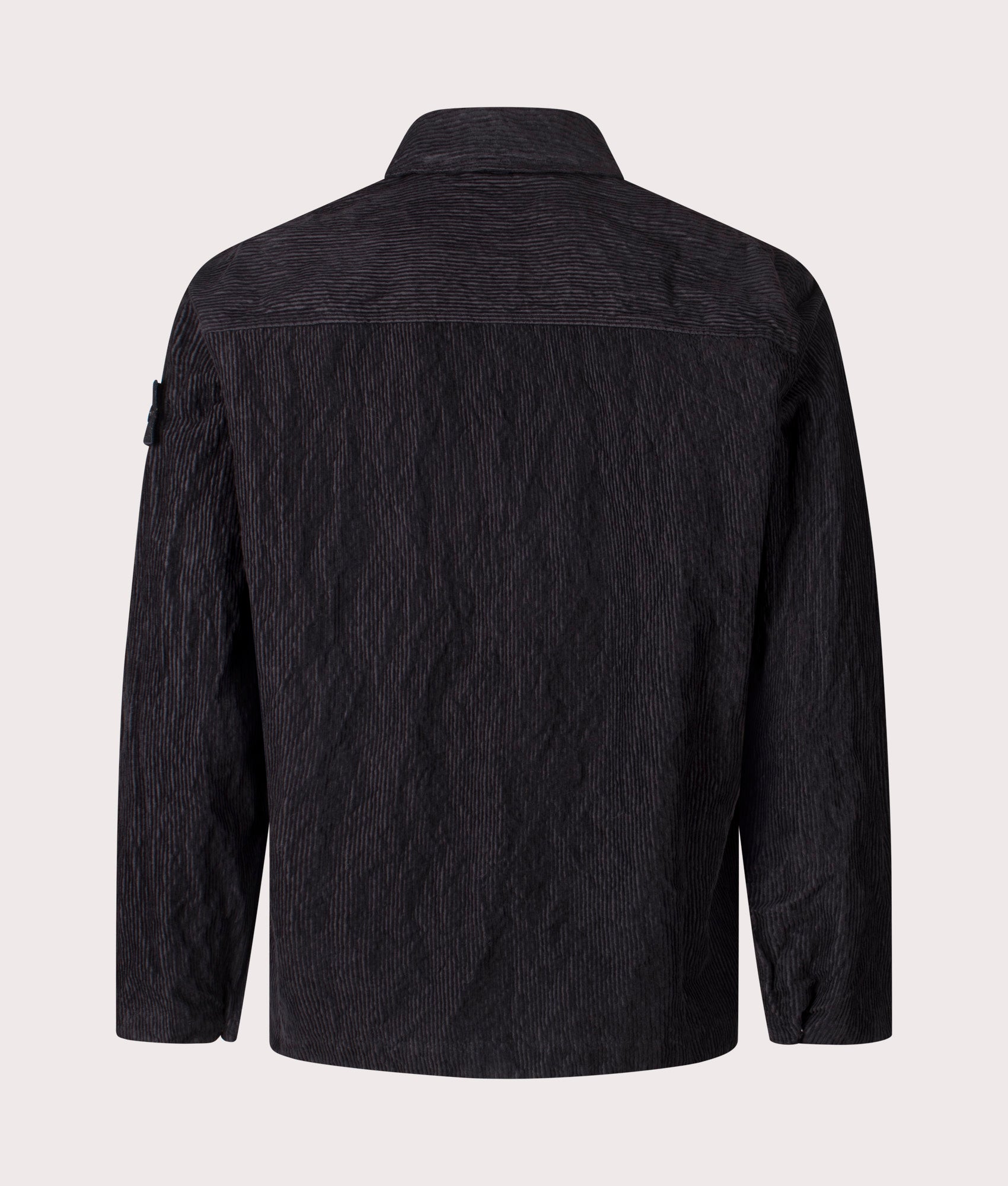 Stone Island Wrinkled Corduroy 500-TC Overshirt in Black at EQVVS Menswear. Back shot.