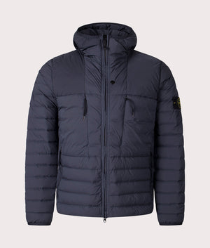Stone Island Seamless Tunnel Nylon Down TC Jacket in Navy Blue at EQVVS Menswear. Front shot.