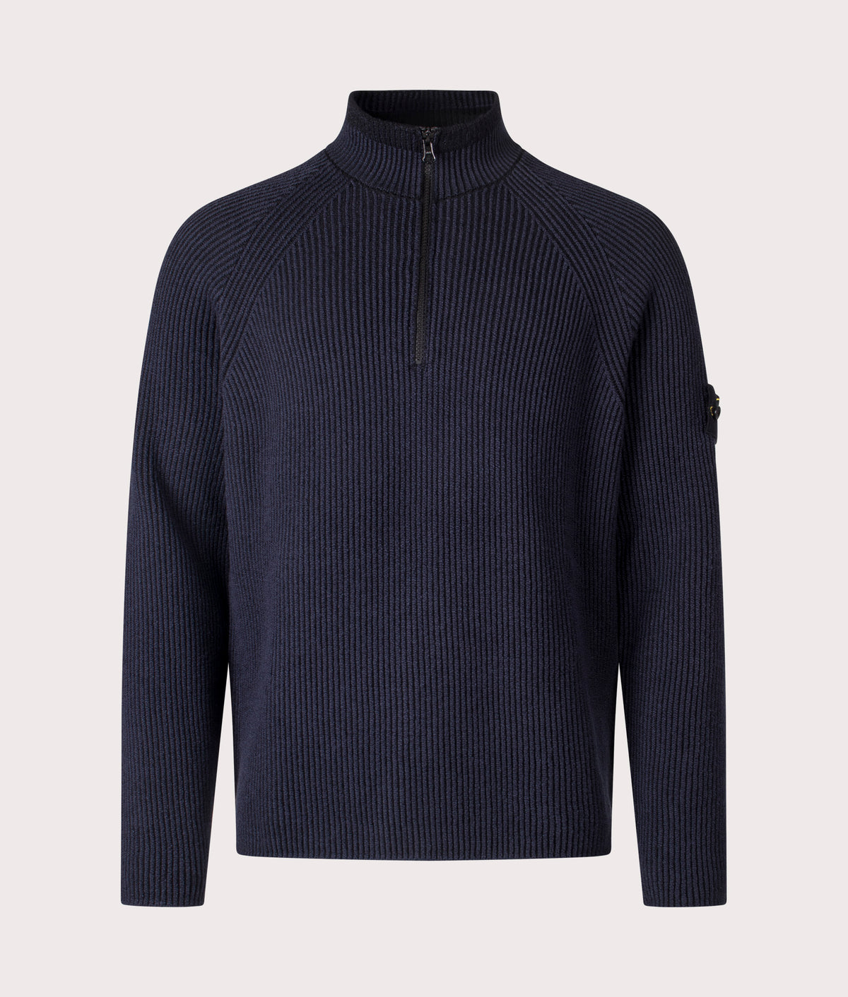 Stone Island Vanisé Rib RWS Wool Quarter Zip Jumper in Navy Blue at EQVVS Menswear. Front shot.