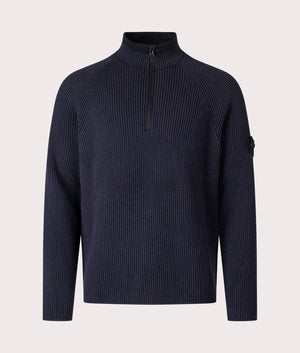 Stone Island Vanisé Rib RWS Wool Quarter Zip Jumper in Navy Blue at EQVVS Menswear. Front shot.