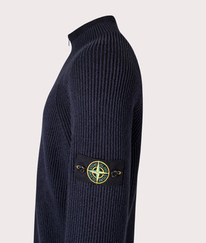 Stone Island Vanisé Rib RWS Wool Quarter Zip Jumper in Navy Blue at EQVVS Menswear. Side detail shot.