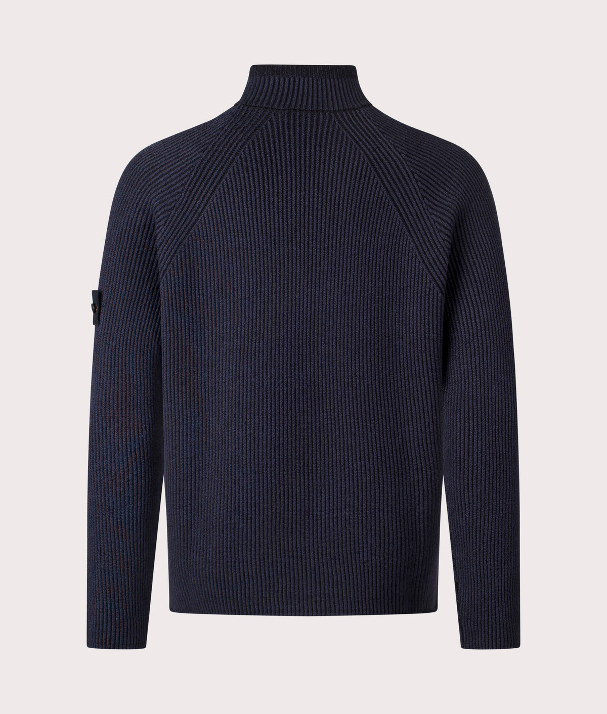 Stone Island Vanisé Rib RWS Wool Quarter Zip Jumper in Navy Blue at EQVVS Menswear. Back shot.