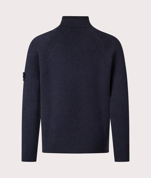 Stone Island Vanisé Rib RWS Wool Quarter Zip Jumper in Navy Blue at EQVVS Menswear. Back shot.