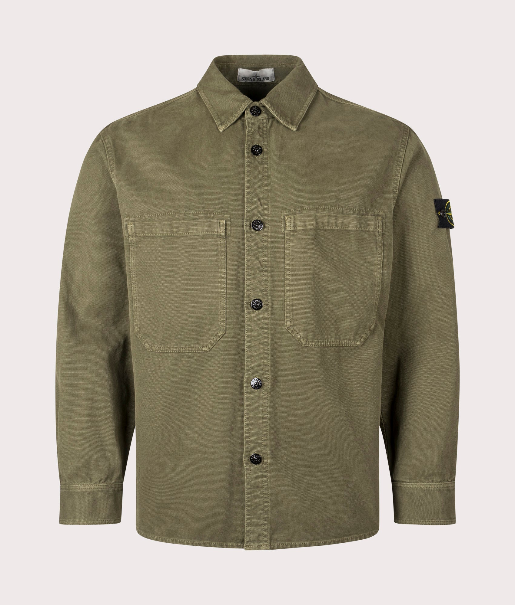 Stone Island Overshirt in Military Green at EQVVS Menswear. Front shot.