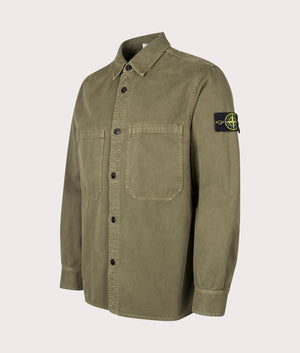 Stone Island Overshirt in Military Green at EQVVS Menswear. Angled front shot.