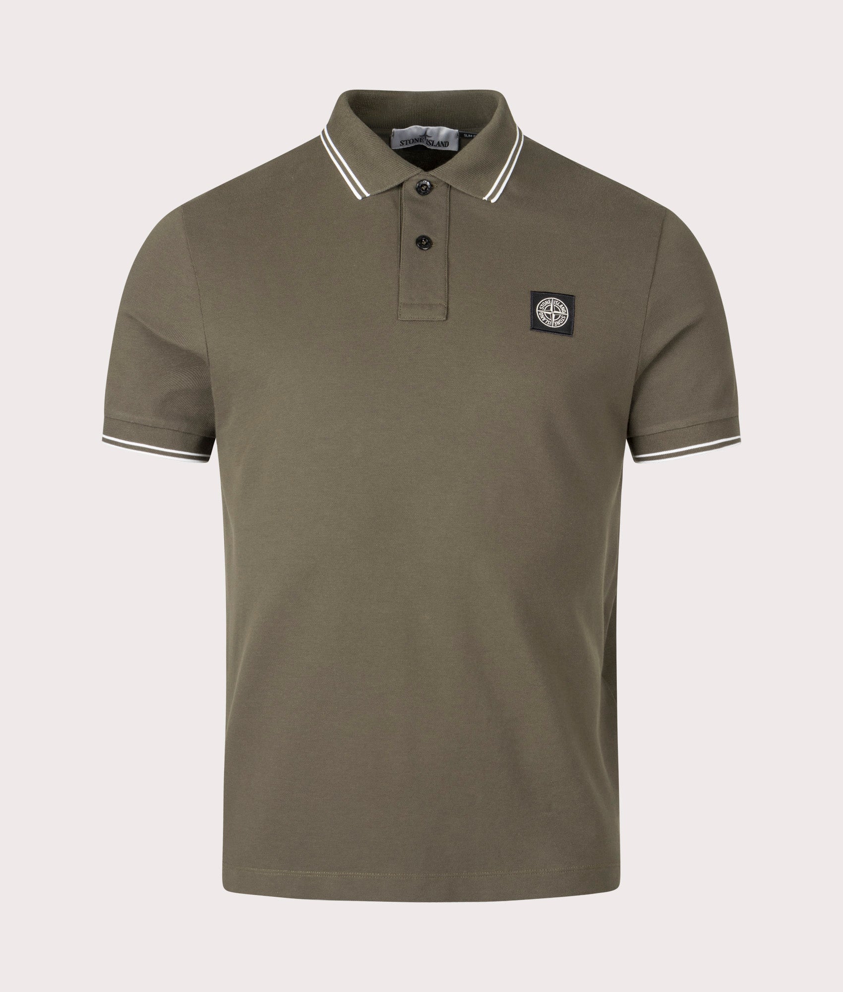 Stone Island Slim Fit Striped Collar Polo Shirt in Military Green at EQVVS Menswear. Front shot.