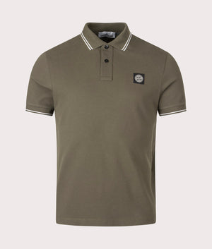 Stone Island Slim Fit Striped Collar Polo Shirt in Military Green at EQVVS Menswear. Front shot.