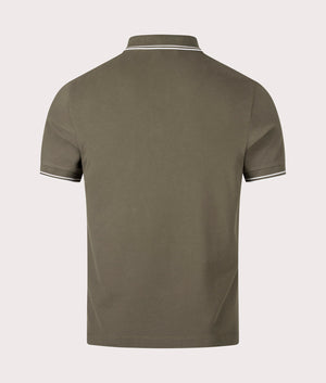Stone Island Slim Fit Striped Collar Polo Shirt in Military Green at EQVVS Menswear. Back shot.