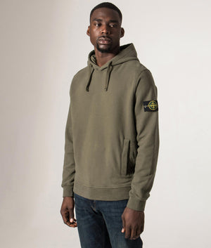 Brushed Organic Cotton Hoodie by Stone Island in Military Green. Shot by EQVVS. Front angle model shot.