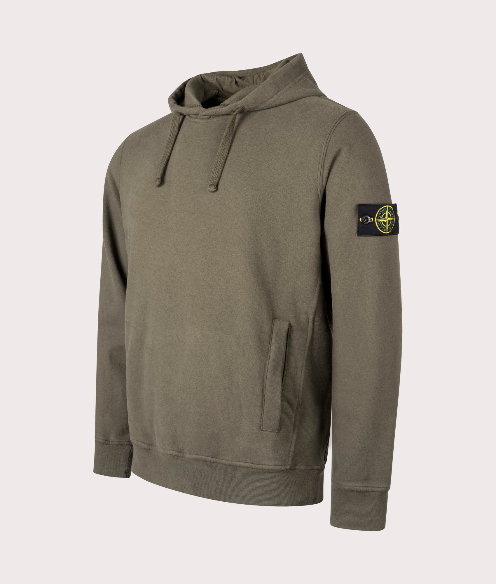 Brushed Organic Cotton Hoodie by Stone Island in Military Green. Shot by EQVVS. Front detail shot.