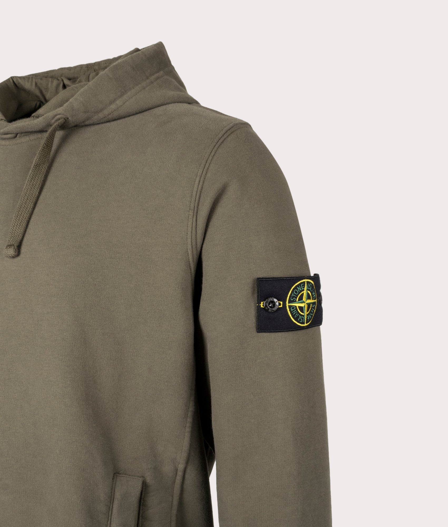 Brushed Organic Cotton Hoodie by Stone Island in Military Green. Shot by EQVVS. Detail shot.