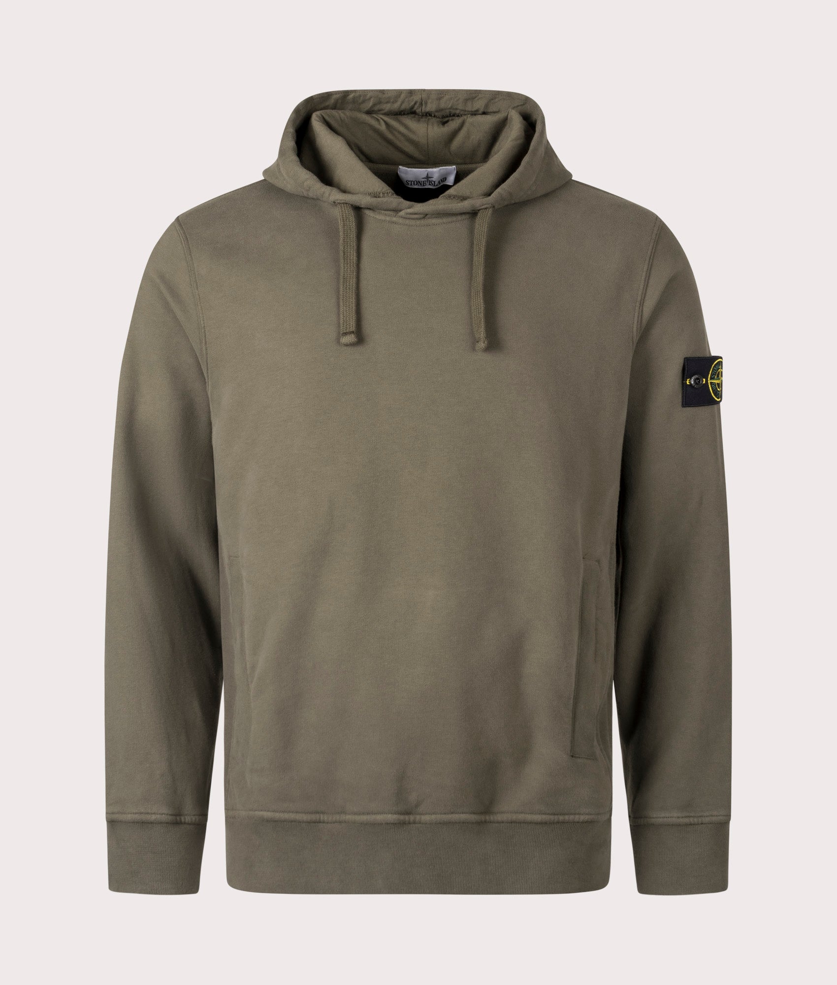 Brushed Organic Cotton Hoodie by Stone Island in Military Green. Shot by EQVVS. Front shot.