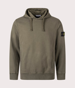 Brushed Organic Cotton Hoodie by Stone Island in Military Green. Shot by EQVVS. Front shot.