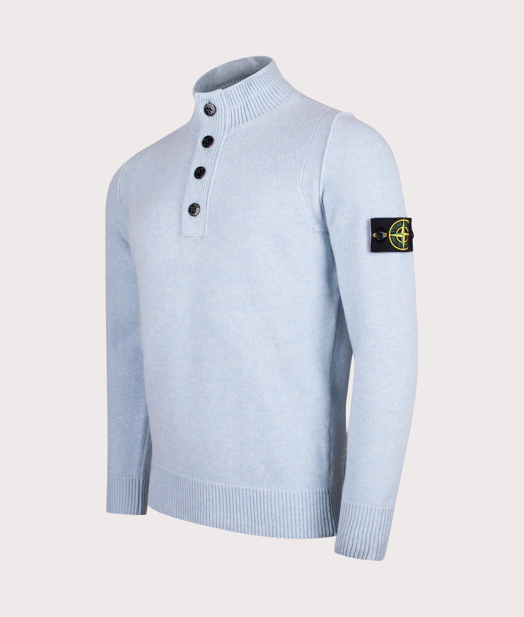 Half Zip Jumper in Sky Blue. Wool Blend | Stone Island | Shot at EQVVS | Front angle shot 