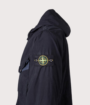 Light Compact Field Parka by Stone Island in Navy Blue. Shot by EQVVS. Detail shot.