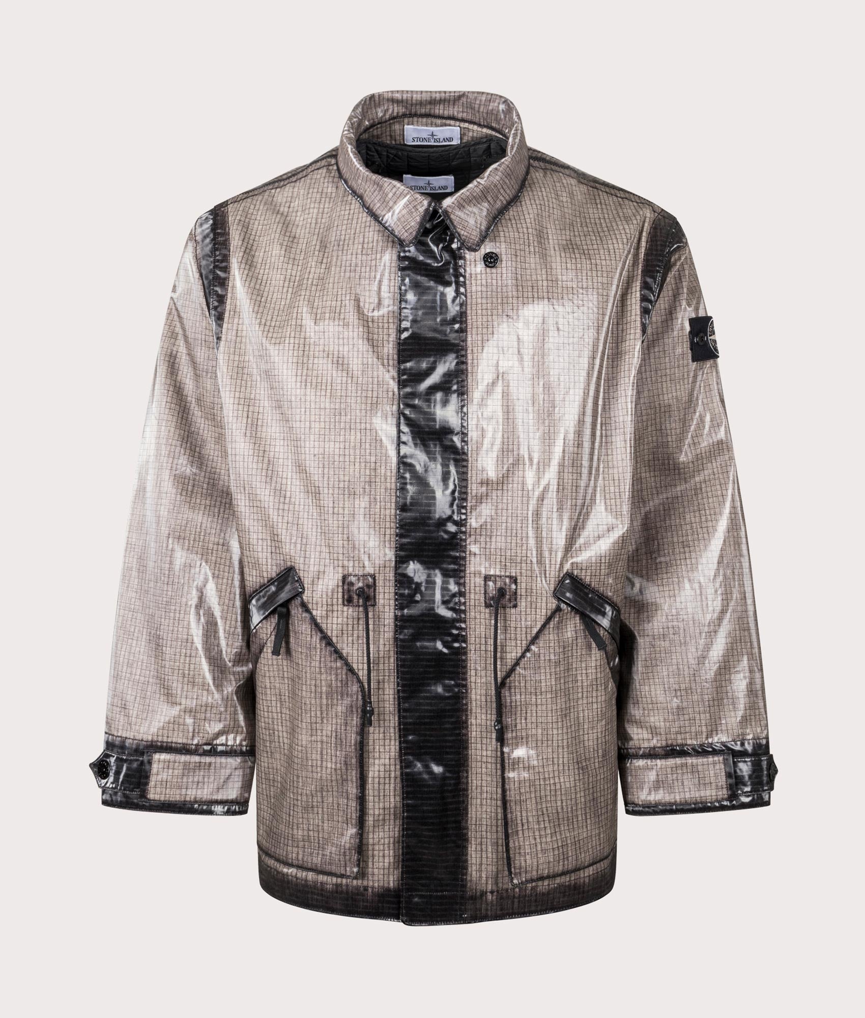 Uneven Ripstop Prismatico Parka in Pearl Grey | Stone Island | EQVVS | Front hoodless shot 
